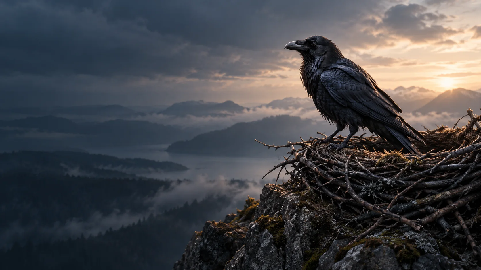 A raven standing at its nest in the dawn light
